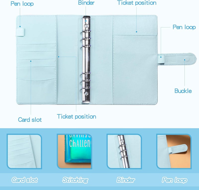 gusutide 100 Envelope Savings Challenge Binder, Money Saving Binder with Cash Envelopes, from 30 Days to 52 Weeks, to Save $500,$5,050 and $10,000, back to school supplies,gift for children (sparkling blue) - Image 3